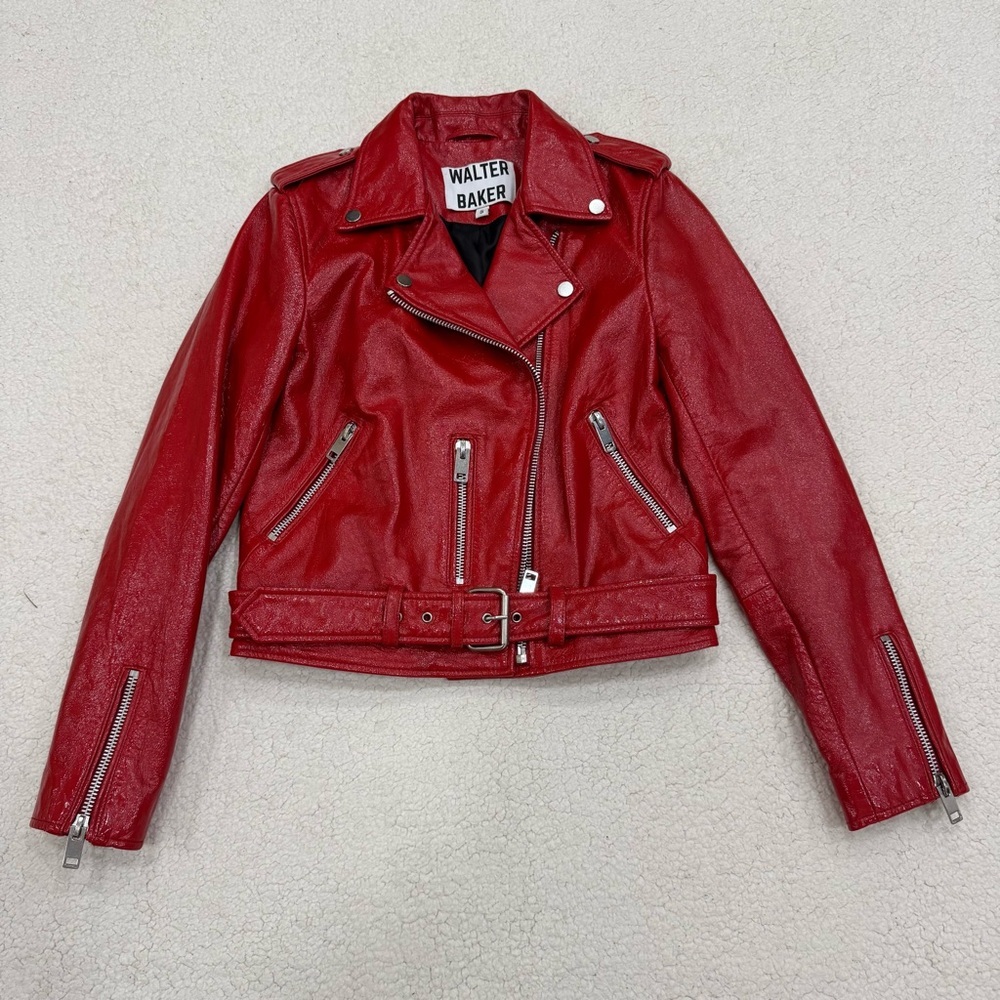 Walter Baker $748 100% Lamb Leather Jacket Moto Red Size Small Like New - Picture 5 of 13
